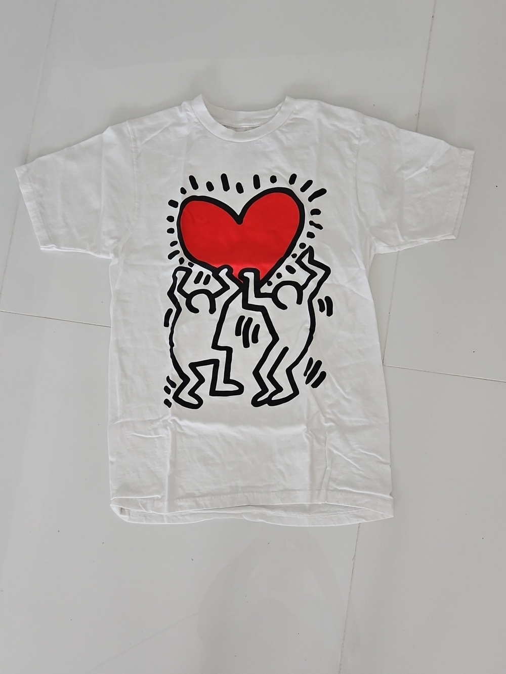 Ripple Junction White Tee with Keith Haring Red Heart and Black Line Art